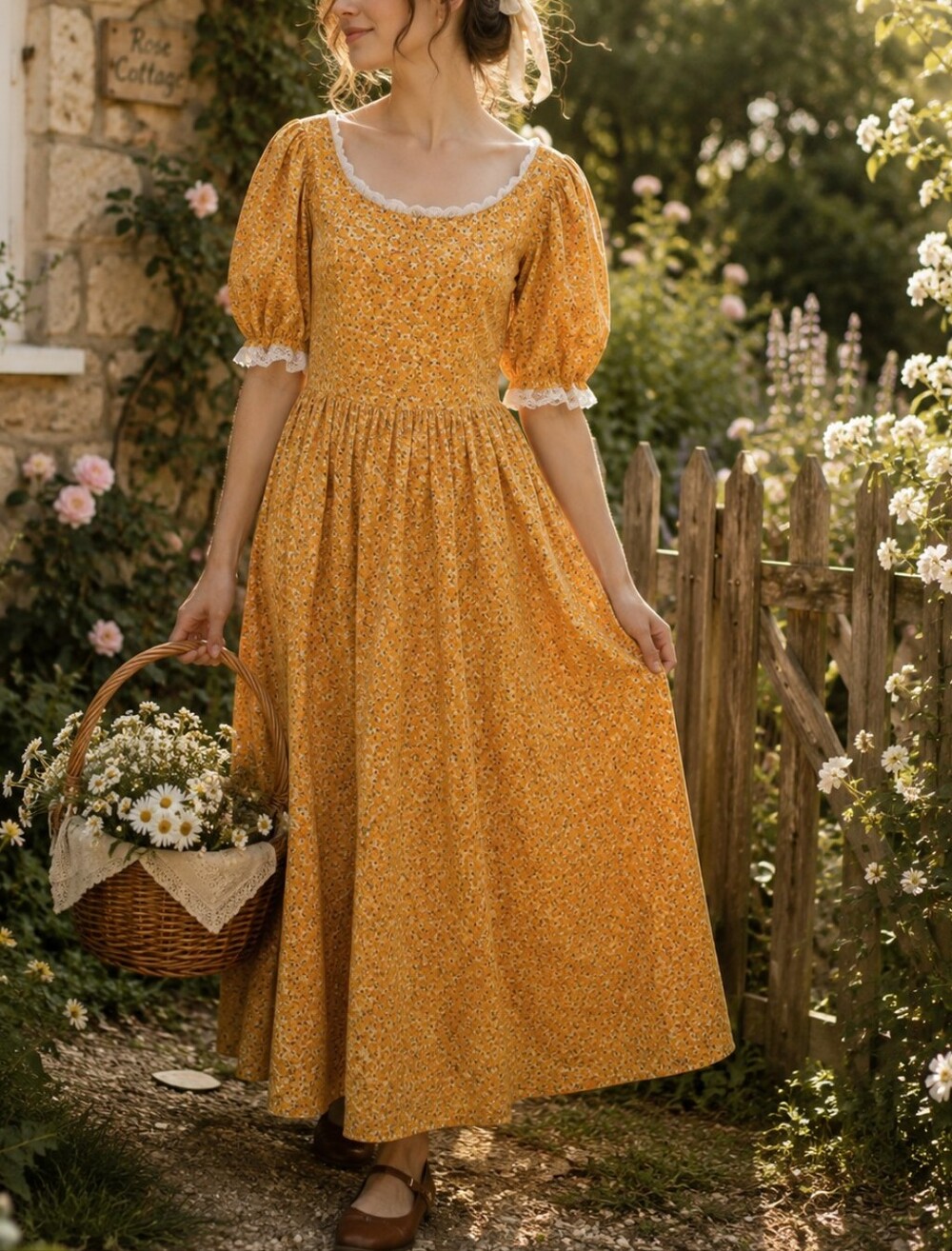 Handmade Vintage Prairie Cottagecore Puff Sleeve Farmhouse Dress - Picture 1 of 6